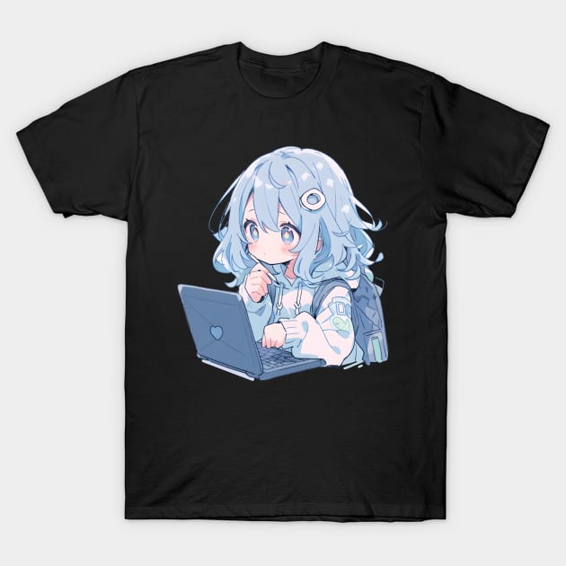 Kawaii Anime girl using laptop T-Shirt by AestheticsArt81